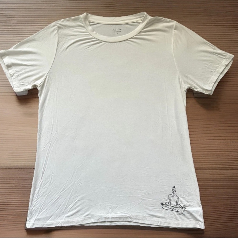 CALME by JOHNNY WAS T-Shirt Womens Large White Oversized Embroidered Yoga Buddha